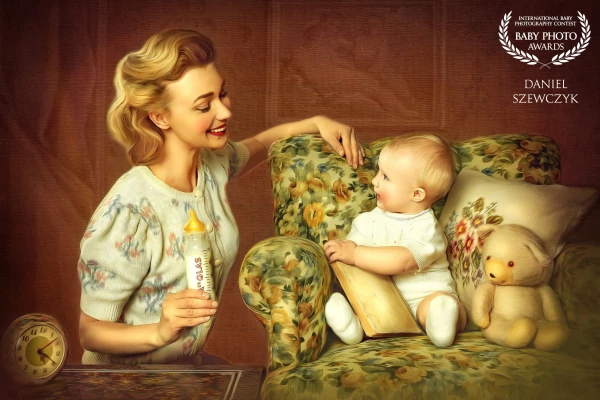 My wife was very inspired by the vintage illustration of mom and the son and we tried to make a similar photo for our family vintage collection...